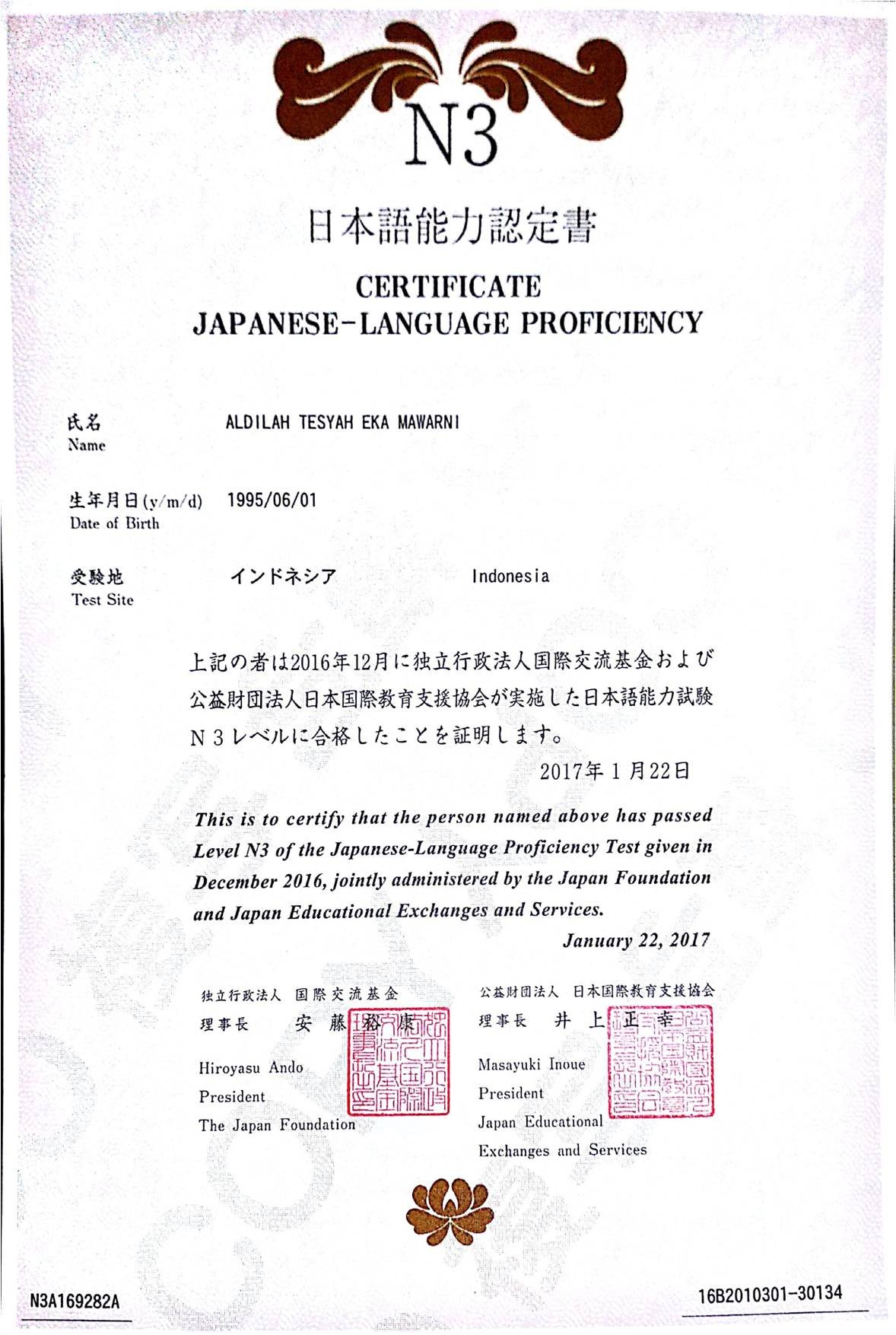 Sertifikat Bahasa Jepang N3